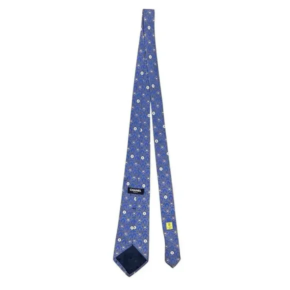 CHANEL Mens Navy Blue Silk Designer Neck Tie Adjustable Star Pattern Logo